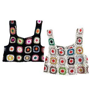 Bundle Handmade Crochet Knit Tank Tops Black & White Floral Granny Square Design